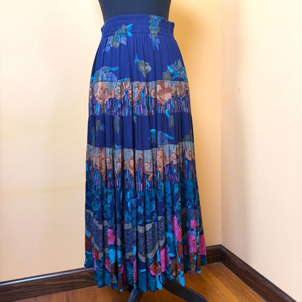 VTG 90s Tiered Maxi Peasant Skirt Blue Floral Mixed Print Smocked Boho Gypsy